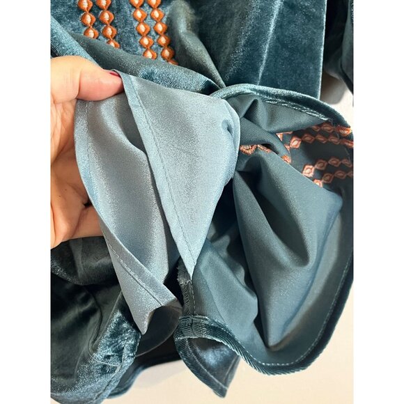 Boho Velvet Floral Top S Blue Bold Embroidery Classic Modern Chic Artsy Luxury - Picture 9 of 12